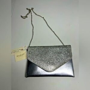 Starlet NWT Envelope Evening Purse Chain Strap Silver Crossbody Rhinestones